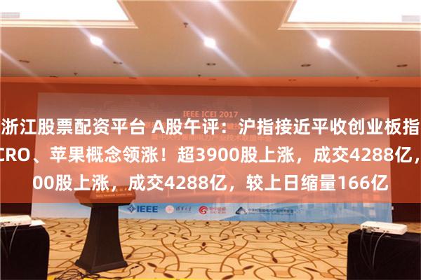 浙江股票配资平台 A股午评：沪指接近平收创业板指跌0.19%，传媒、CRO、苹果概念领涨！超3900股上涨，成交4288亿，较上日缩量166亿